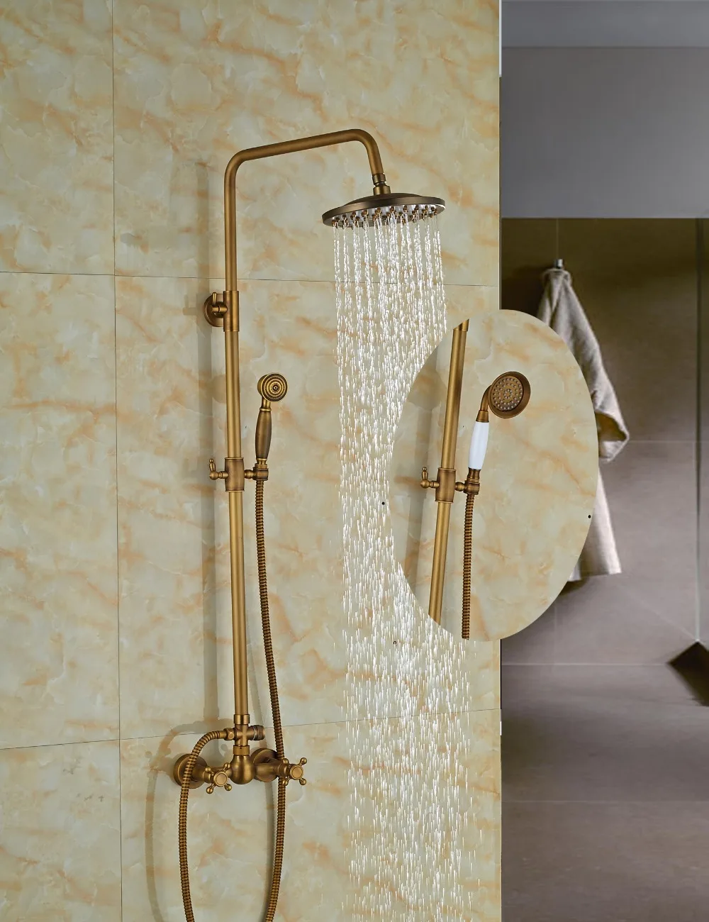 Wholesale And Retail Promotion Wall Mounted 8" Round Rain Shower Faucet Set Dual Handles W/ Hand