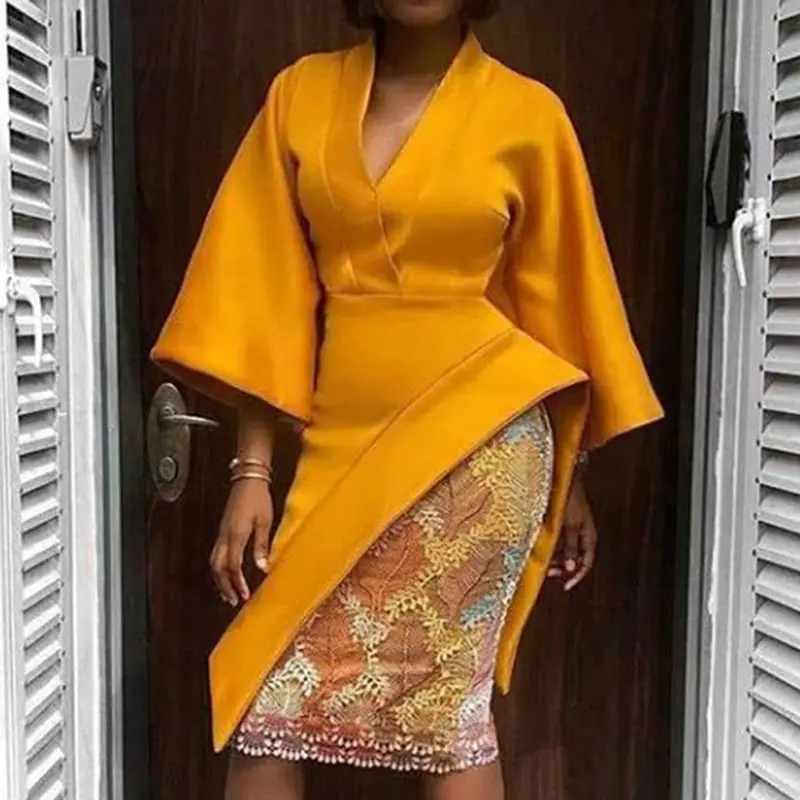 

Yellow Office Ladies Vintage Sexy Plus Size African Women Midi Dresses Elegant Slim Plain Asymmetric Dinner Party Female Dress