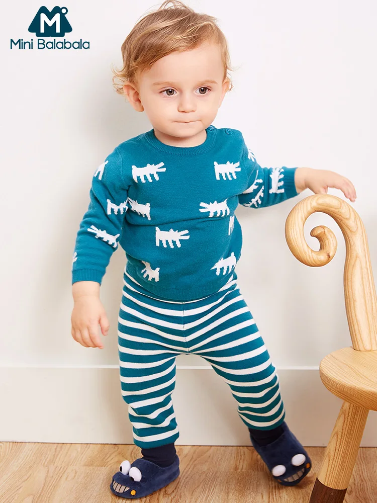 

Mini Balabala Baby 2-Piece Cartoon Printed Fine-Knit Tops + Pants Set Infant Newborn Baby Boys Soft Cotton Clothes Clothing Set