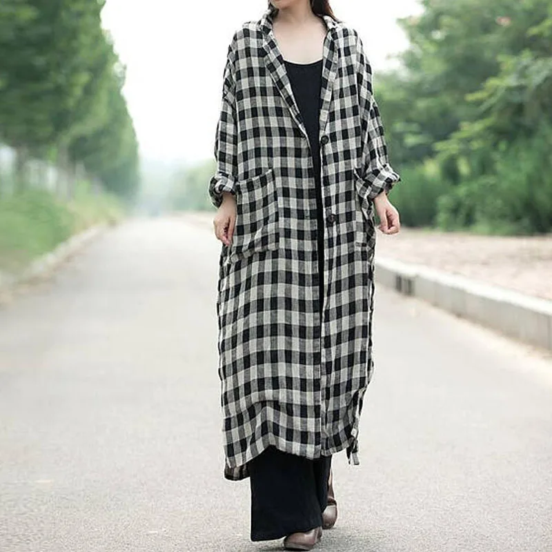 

M-5XL 2019 Women Retro Lapel Neck Batwing Sleeve Pockets Buttons Down Shirt Split Loose Check Plaid Long Coat Outwear Cardigan