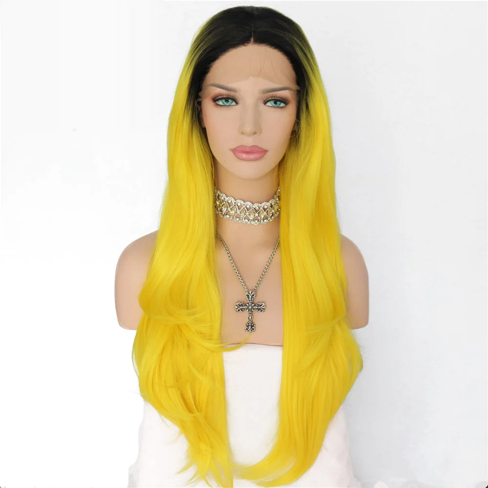 

Lvcheryl Hand Tied Natural Long Straight Ombre Black To Yellow Heat Resistant Fiber Hair Synthetic Lace Front wigs for Make up