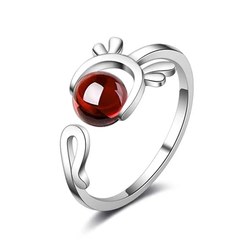 

Christmas Jewelry Simple Deer Elk Garnet Rings For Women Girl 925 Sterling Silver Adjustable Rings Jewelry anillos bijoux