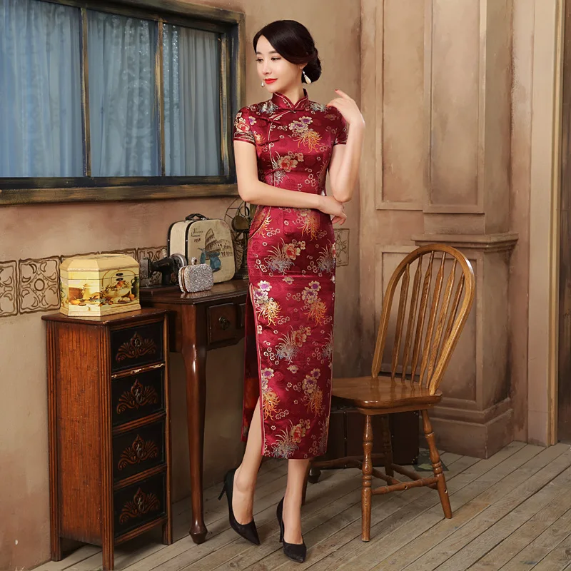 Sexy Satin Cheongsam Chinese Traditional Qipao Long Burgundy Female National Style Silk Qi Pao Women Party