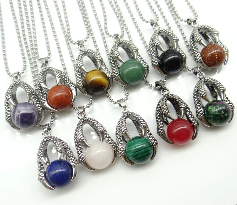 

Natural Round Gem stone Spirit Balloon Retro Crystal Beads Dragon Claw Pendant Necklace Men's and Women's Jewelry Necklace