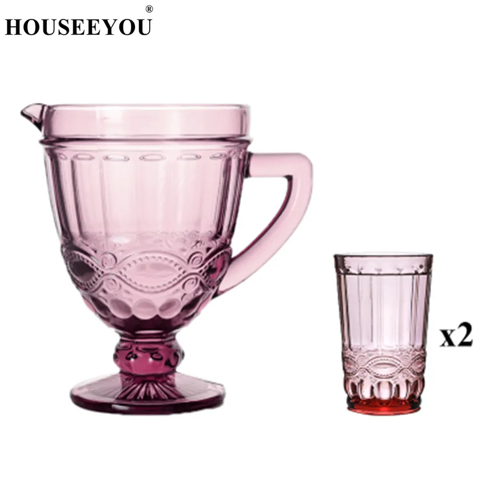 HOUSEEYOU 1 шт. кувшин для холодной воды+ 2 шт. резная стеклянная чашка Европейский ретро хрустальный дизайн стаканчик для воды и вина для питья Бар Ресторан инструменты - Цвет: Red Floral