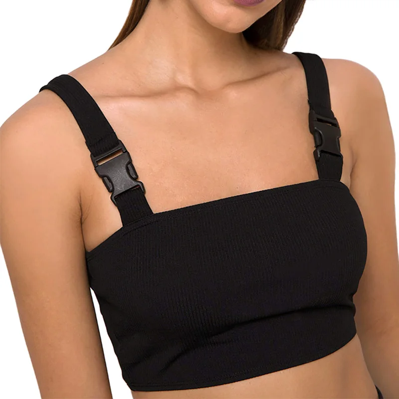 

Women Tank Top Black Adjustable Buckle Summer Camis Fashion Streetwear Cropped Female Hip Hot Sexy Backless Sleeve Camisole