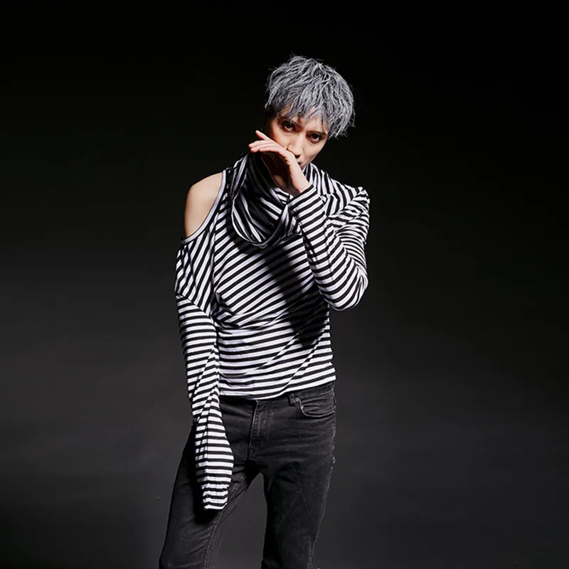 

Men personality asymmetry design striped long sleeve t shirt hairstylist clothes men nightclub punk tees tops stage costume