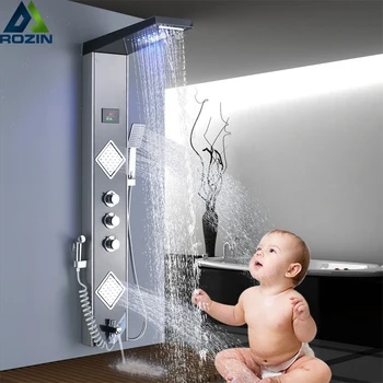 

LED Light Waterfall Rain Shower Panel Bath Shower Faucet Column System 3 Handles 6-function Shower Mixers with Bidet Sprayer