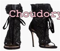 

black lace open toe sandal boots stiletto heel sexy woman shoes lace up shoes with crystal female short boots elegant sandals