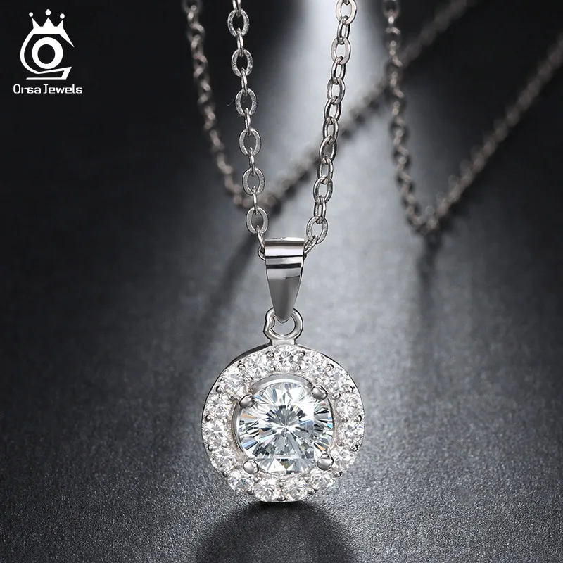 ORSA JEWELS 925 пробы Серебряное ожерелье для женщин большой круглый 12 мм кулон с роскошным AAA цирконием Серебро 925 ювелирное изделие подарок OSN43