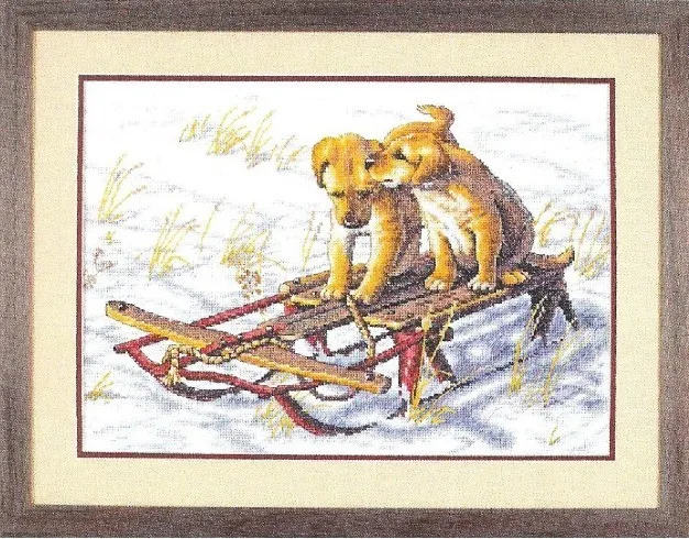 Gold Collection Lovely Counted Cross Stitch Kit Sled Dogs Two Dog Puppy Puppies in Winter Snow dim 70-08852 8852 | Дом и сад