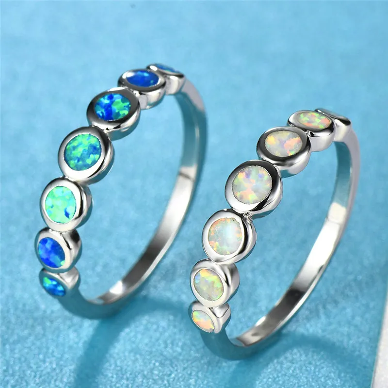 Минималистичные ювелирные изделия, женские кольца с белым синим огненным опалом для женщин, 925 пробы, серебряное круглое обручальное кольцо, подарок для девочек