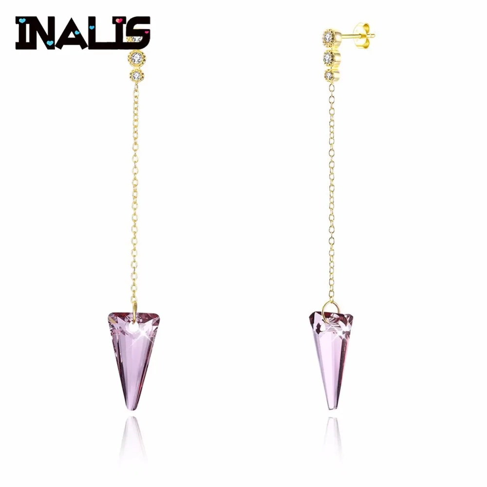 

INALIS 925 Sterling Silver Long Drop Earrings Link Chain with Purple Natural Austria Crystal Dangle Brincos for Women Jewelry