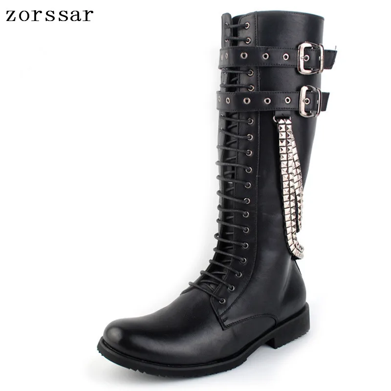 

{Zorssar} 2018 New punk style Pu Leather Men high Boots Fashion Cowboy boots Stage Boots Mens Knee High boots winter