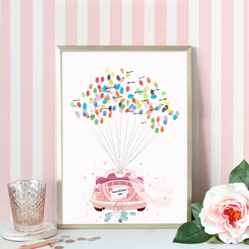 

Bride And Groom On Romantic Wedding Car,Canvas Print Fingerprints Signature Guest Book DIY Engagement Party & Wedding Decoration