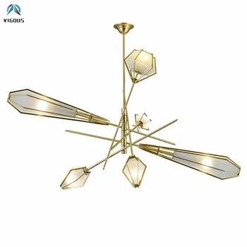 

Luxury Diamond Design Lustre Gold Metal Led Luminaria Chandelier White / Green Glass Shades Foyer Pendant Chandelier Lighting