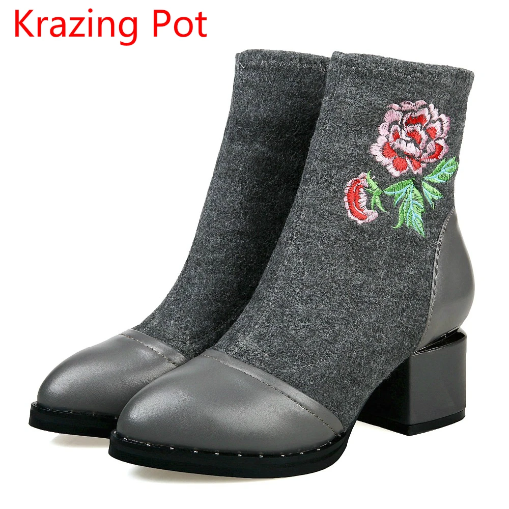 

New Arrival Genuine Leather High Heel Pointed Toe Embroidery Stretch Fabric Flower Boots Women Superstar Party Ankle Boots L7f3