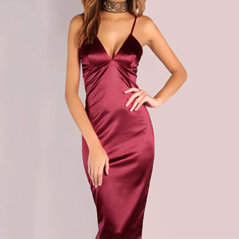 

Burgundy Satin Party Club Dress 2019 Deep V Neck Women Summer Dress Sexy Bodycon Strap Ruched Ladies Midi Slip Dress Vestidos -N