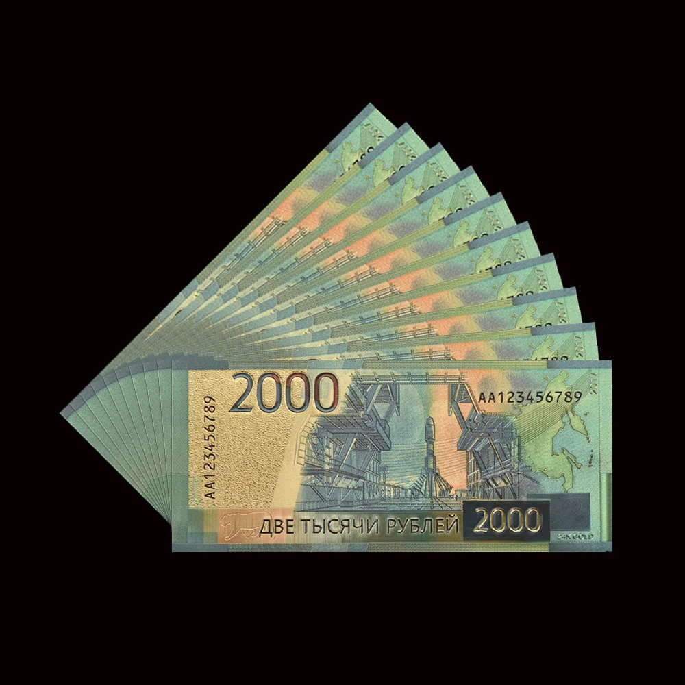 10 шт./партия, Новое Великолепное российское золото Banknotes 2000 рубля, 24 k Золотая фольга, позолоченные банкноты, коллекция бизнес-подарков