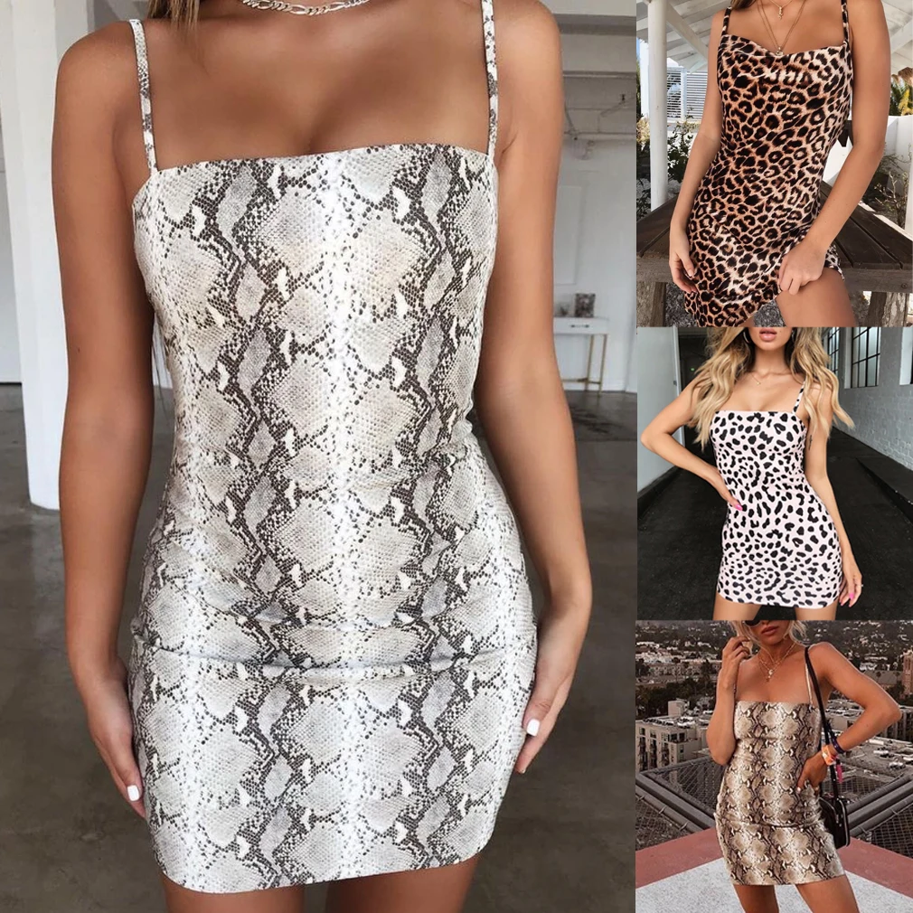 

Trendy Women's Bandage Dress Sexy Bodycon Sleeveless Party Cocktail Club Short Mini Dress Leopard Snake Print Summer Dress