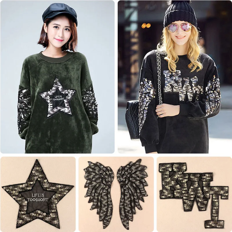 Модные черные блестящие нашивки с вышивкой Wing Star Kwt для одежды Пришивные платья