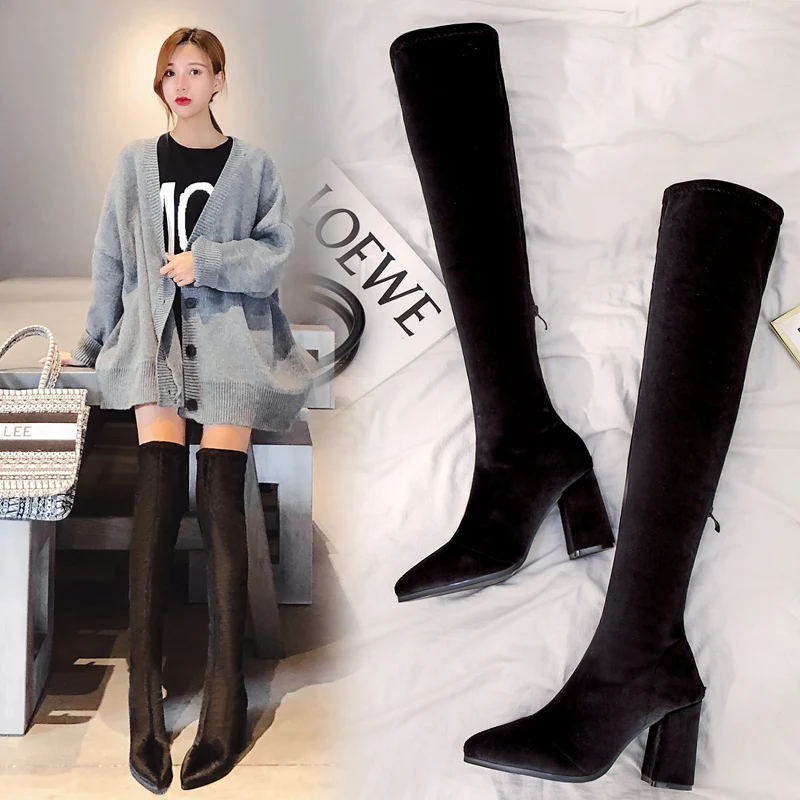 

2019 Size 35-39 Women Sexy Over The Knee Boots Female Slip-on Long Sock Flock Solid Boots Ladies Luxury Pointed-toe Winter Shoes