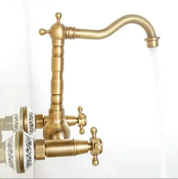

Free shipping 2 Handle Wall mounted Antique Brass Kitchen Faucet Vanity Faucet Swivel Mixer Tap Crane Faucet banheiro HJ-8851