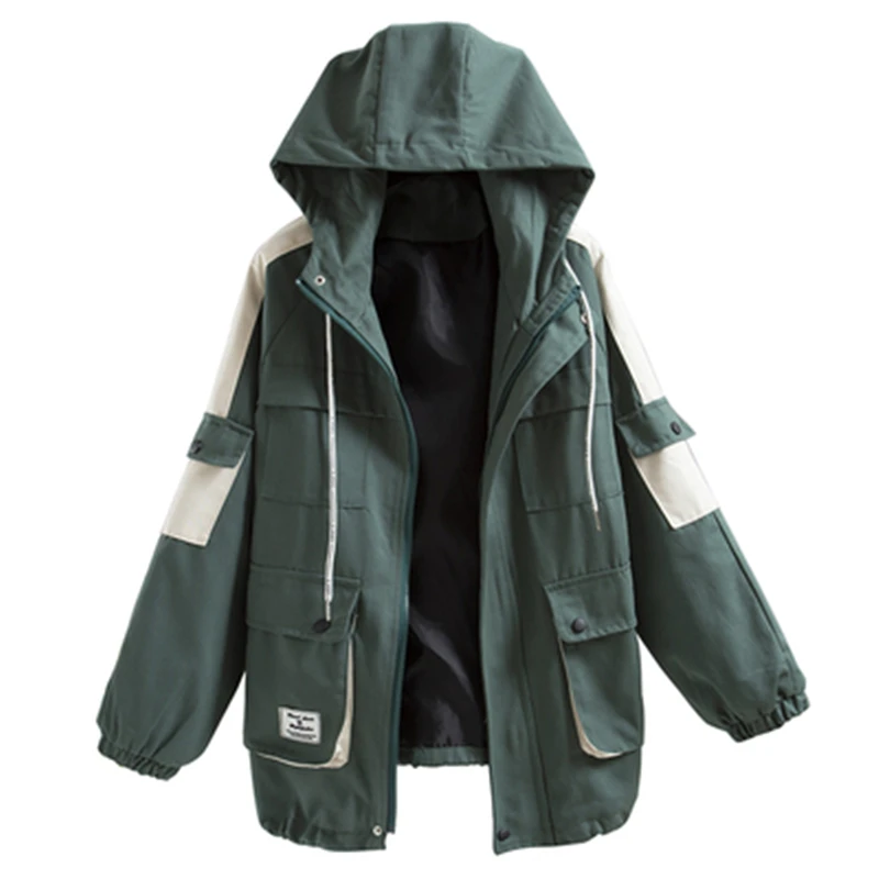 

Hooded Jacket Women 2019 Spring Casual Pockets Outerwear Coats Jackets Long Sleeve Patchwork Zipper Windbreaker coats and jacket