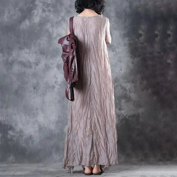 BUYKUD 2019 Women's Vintage Maxi Dresses Short Sleeve Loose Dress For Women Solid Beige Grey Cotton Linen Clothes Vestido (1)