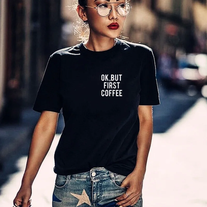 ОК но сначала кофе футболка с карманом для влюбленных Забавные футболки Instagram в