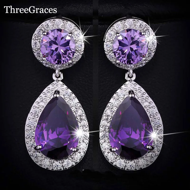 Женские вечерние серьги подвески ThreeGraces белые золотые элегантные фиолетовые с