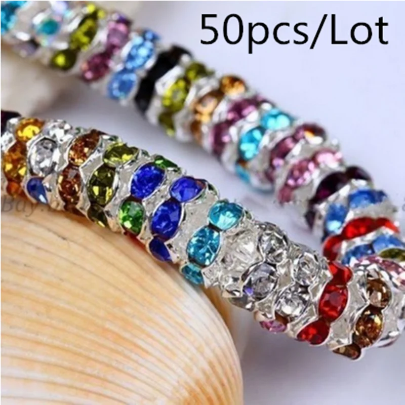 

Wholesale 50pcs 6MM Metal Silver Plated Crystal Rhinestone Rondelle Spacer Beads 13 Colors For Choose DIY