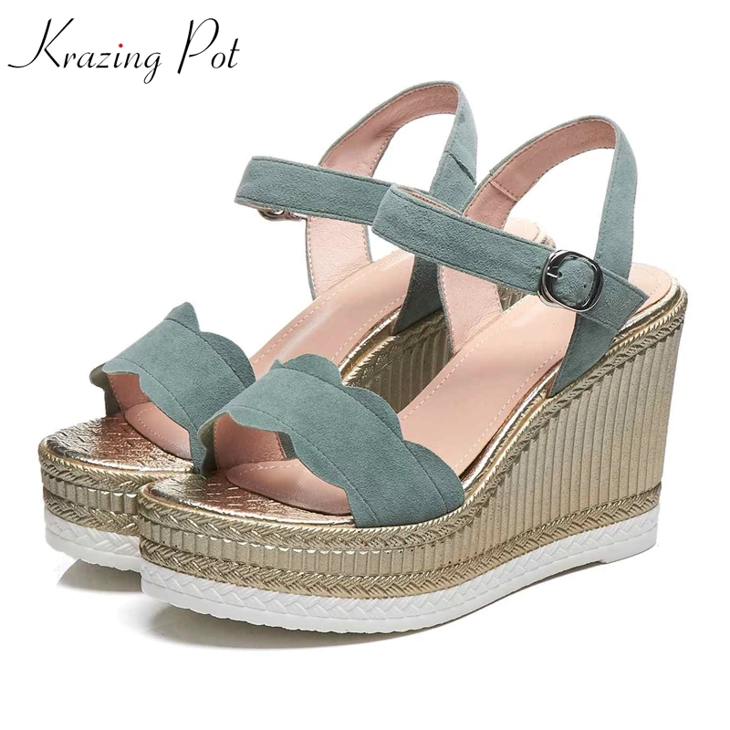 

Krazing Pot sheep suede ankle straps streetwear platform wedges lacework ruffles charming open toe super high heels sandals l6f4