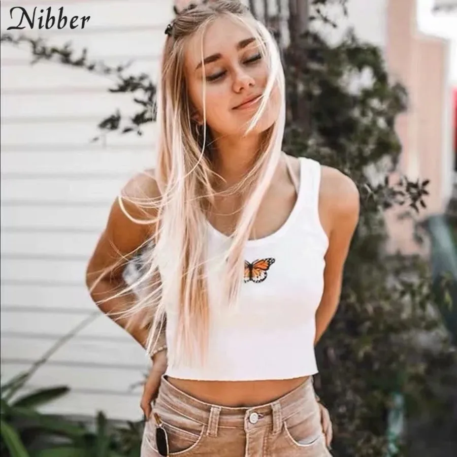 Nibber white sleeveless crop tops women's Butterfly embroidery camisole summer hot sale solid Basic tees Casual ladies tank tops