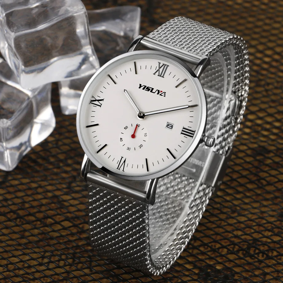 YISUYA Luxury Mens Watch Calendar Chronograph Stainless Steel Silver Mesh Iron Quartz-watches Men's Business Casual Wristwatch (11)
