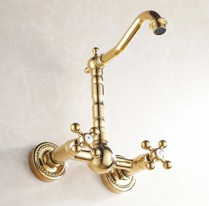 

Gold Color Brass Double Handle Kitchen Faucet Wall Mounted 360 Degree Rotate Bathroom Kitchen Mixers Hot and Cold Tap Lgf018