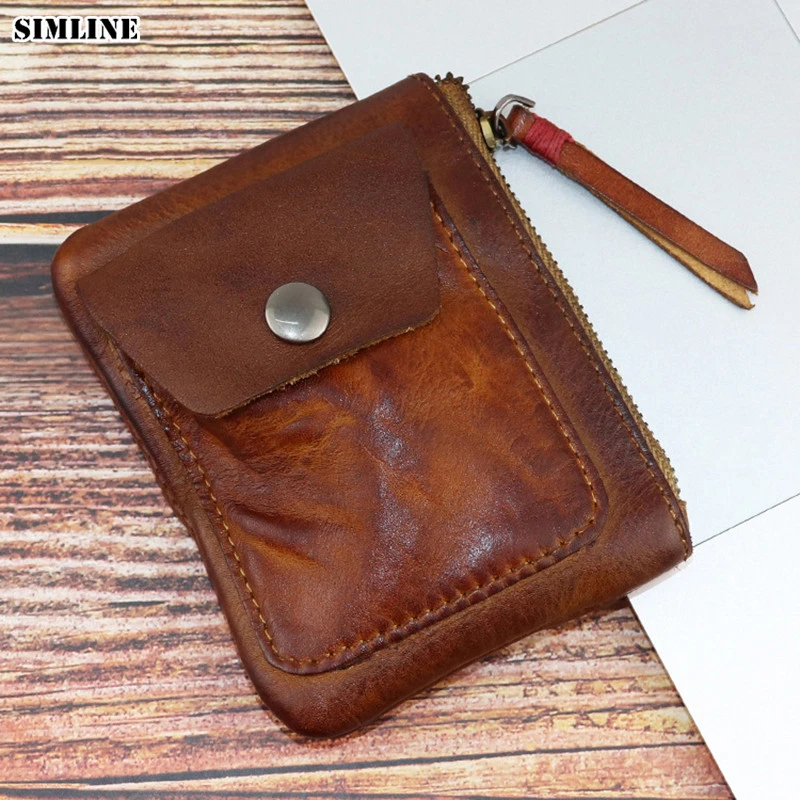 Monedero de genuino hecho a mano para y mujer, billetera pequeña Vintage con cremallera, bolsa de almacenamiento, tarjetero, bolsillo|Monederos| - AliExpress