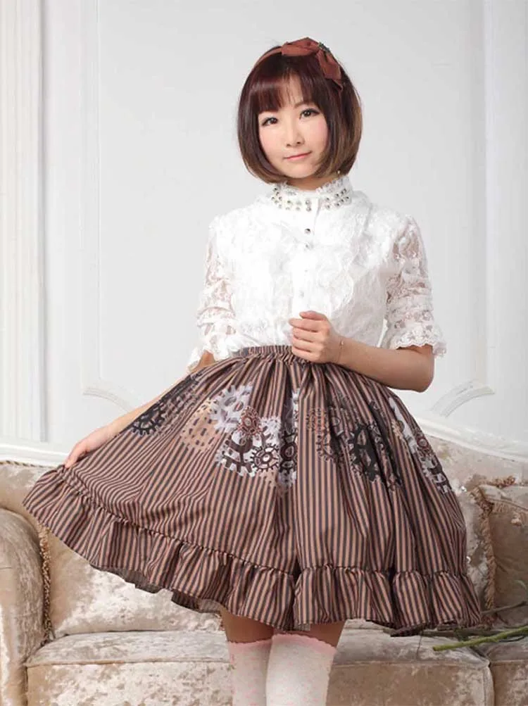

XS-4XL Punk Lolita Skirts Steam Machine Gear Brown Striped Ruffle Hem Pleated Flare Female Women Vintage Retro look Time Skirts