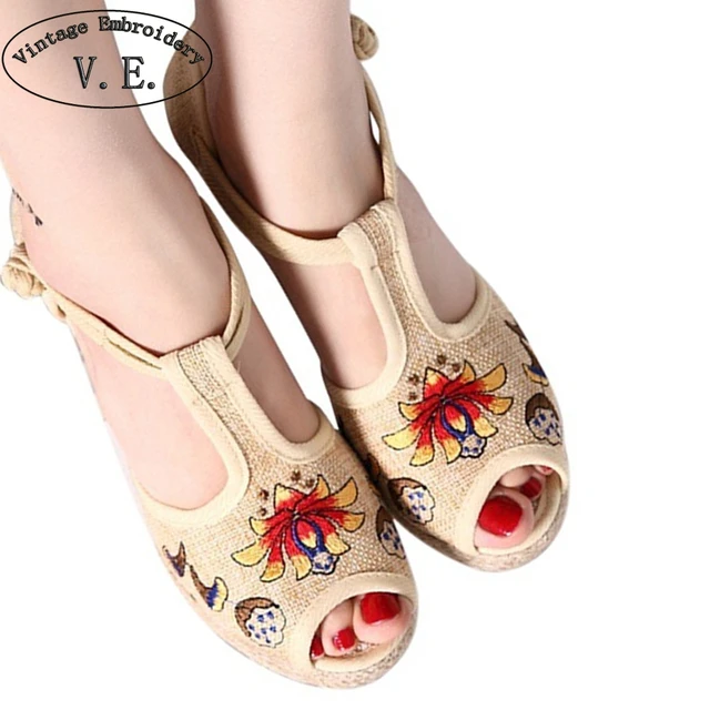 Vintage Women Sandals Casual Linen Canvas Floral Embroidery Wedge Sandals Summer Ankle Strap Med Heel Platform Pump Shoes Woman