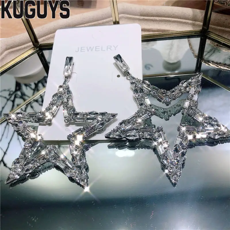 KUGUYS Серебряные Кристаллы большие звезды серьги для женщин модные ювелирные изделия Гипербола гигантский звездопад вечерние свадебные аксессуары