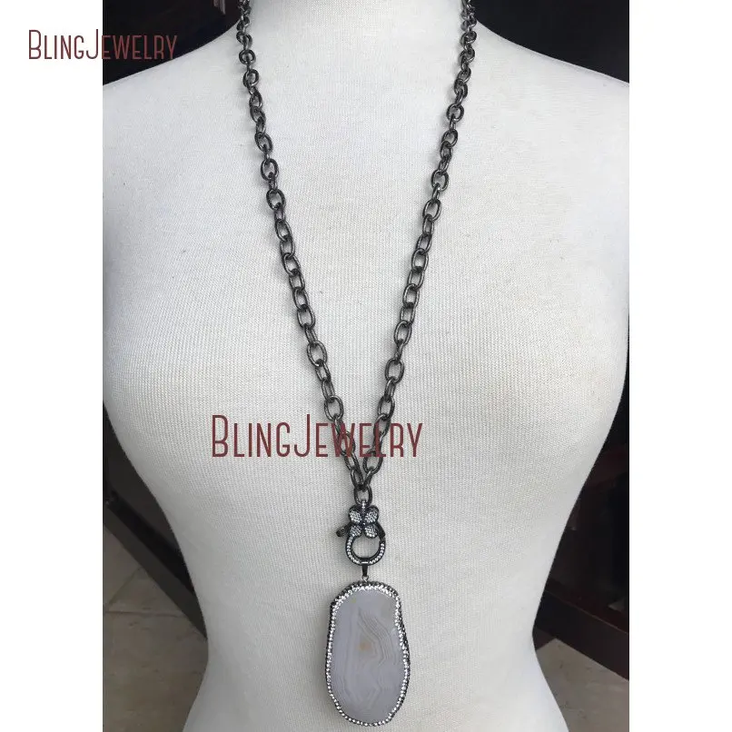 20190309-NM18387-Discount  Lobster Clasp Agate Slice Gunmetal Platednecklace Plate Chainazorite Micro Insertsblack Gunblack For Sale
