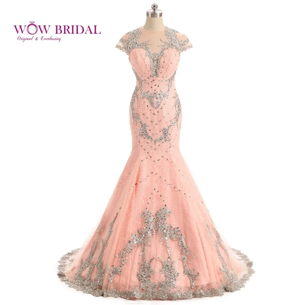 

Wowbrial Graceful Pink Mermaid Evening Dress 2016 Sweetheart Backless Pattern Appliques Pearls Mother of the Bride Dress