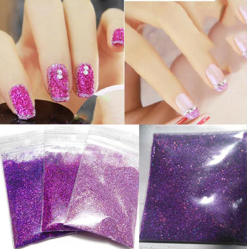 10g Holographic Glitter Dust Powder 0.2mm Nails Art DIY Tips UV Acrylic Decoration Colorful Laser Purple/Hot pink/Light peach