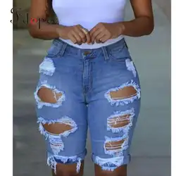 2019 летние джинсовые штаны с высокой талией модные, пикантные отверстия сплошной цвет большие эластичные карманы комфорт дикий личность