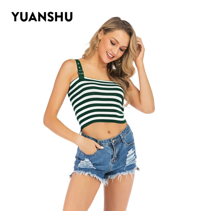 YUANSHU femmes débardeur hauts tricoté licou moulante gilet été rayé Crop hauts femme sans manches tricots