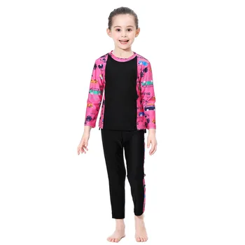 

2019 UV protect long sleeve swimsuit for kids Rash Guards girls cute two pieces surfing swim suits with caps cartoon printed