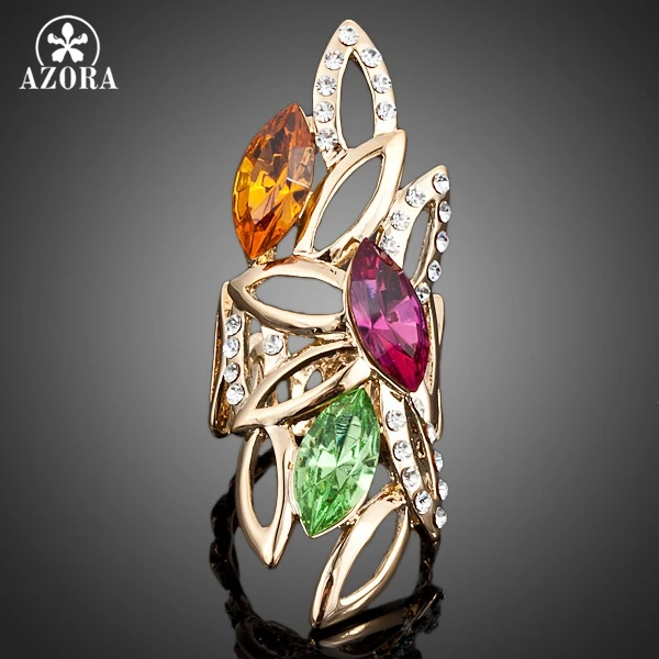 

AZORA Gold Color Three Multicolour Stellux Austrian Crystal Water Drop Ring TR0034