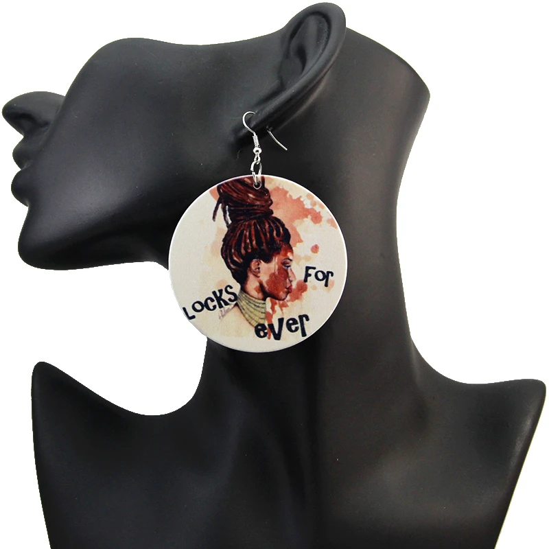 

SOMESOOR Printed Black Woman Afro Art Wooden Drop Earrings African Natural Hair Locks Forever Design Jewelry For Girl Lady Gifts
