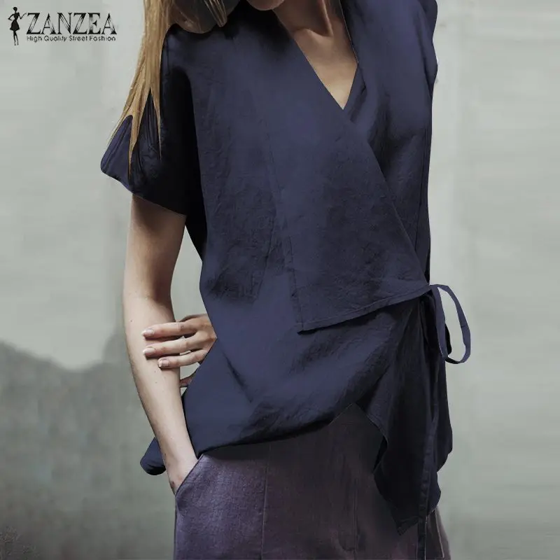 

Elegant Women Lapel Neck Short Sleeve Linen Tops Blouse 2019 ZANZEA Summer Solid Work OL Shirt Casual Lace Up Femininas Blusas