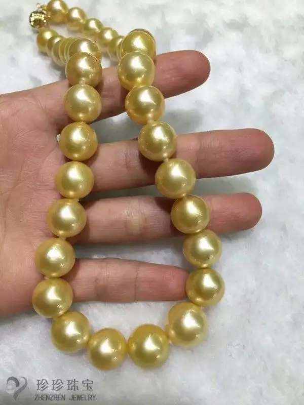 Огромный 12-15mmAAA круглый Южное море золотое ожерелье с жемчугом 18 дюймов 14 k